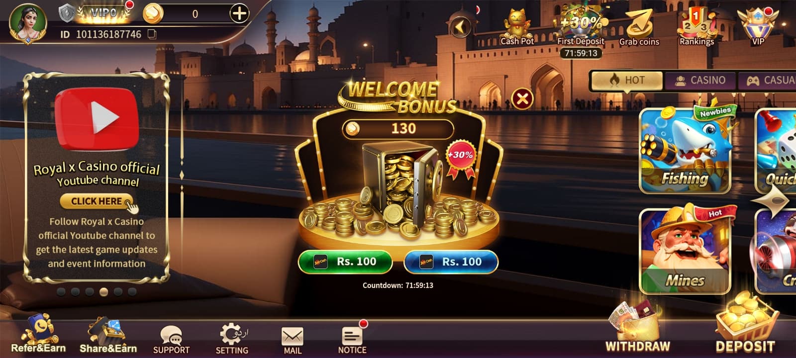 Royal x Casino Mobile App Interface Showing Live Games and Bonuses